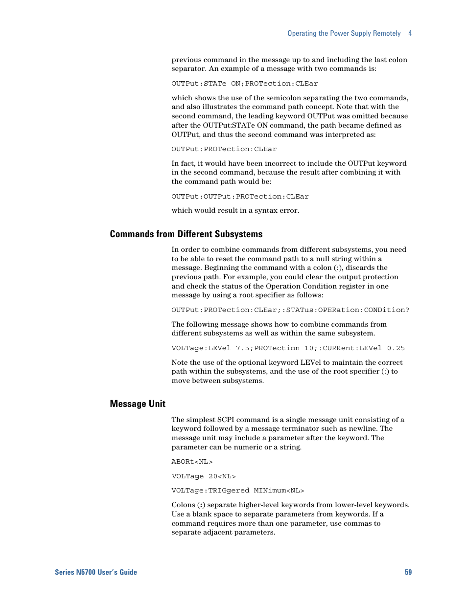 Commands from different subsystems, Message unit | Agilent Technologies System DC N5700 User Manual | Page 59 / 132