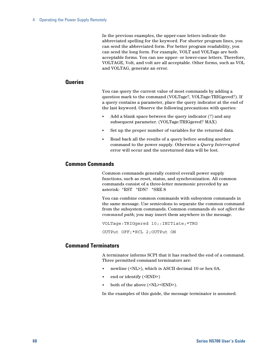 Queries, Common commands, Command terminators | Agilent Technologies System DC N5700 User Manual | Page 60 / 132