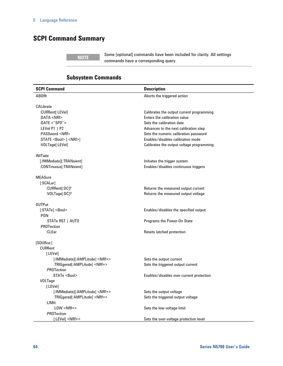 Scpi command summary, Subsystem commands | Agilent Technologies System DC N5700 User Manual | Page 64 / 132