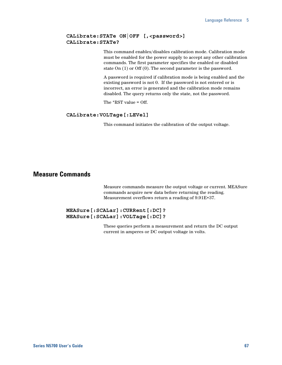 Calibrate:voltage[:level, Measure commands | Agilent Technologies System DC N5700 User Manual | Page 67 / 132