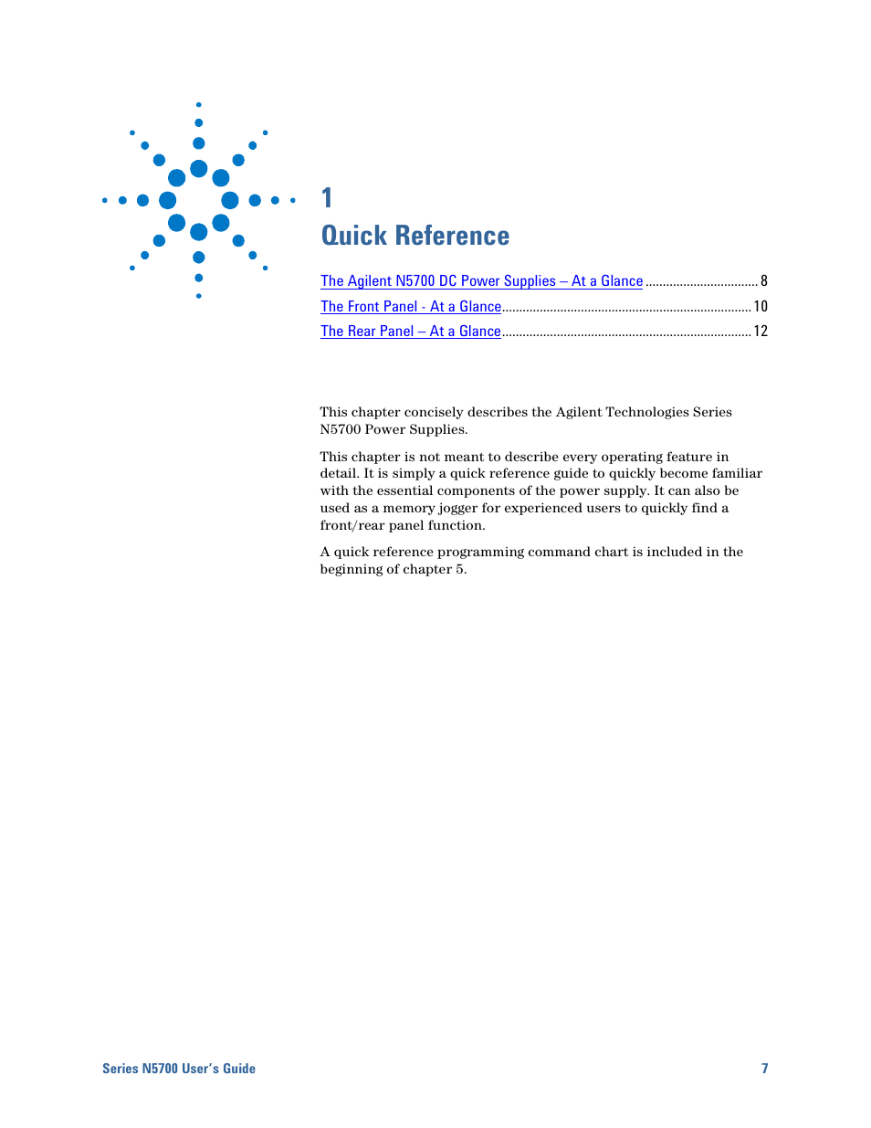 1 - quick reference, 1 quick reference | Agilent Technologies System DC N5700 User Manual | Page 7 / 132