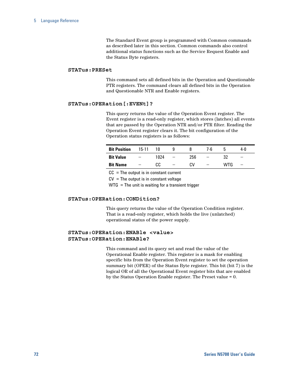 Status:preset, Status:operation[:event, Status:operation:condition | Agilent Technologies System DC N5700 User Manual | Page 72 / 132