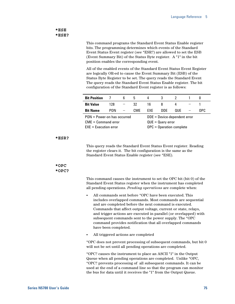 Ese *ese, Opc *opc | Agilent Technologies System DC N5700 User Manual | Page 75 / 132