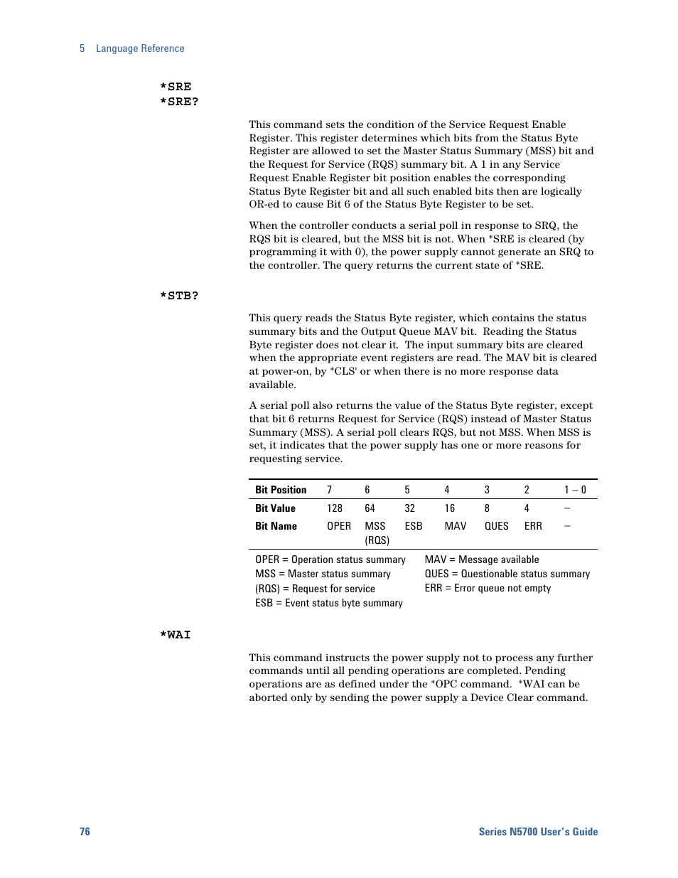 Sre *sre | Agilent Technologies System DC N5700 User Manual | Page 76 / 132