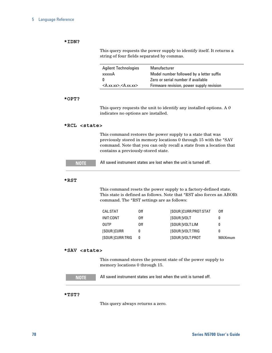 Rcl <state, Sav <state | Agilent Technologies System DC N5700 User Manual | Page 78 / 132