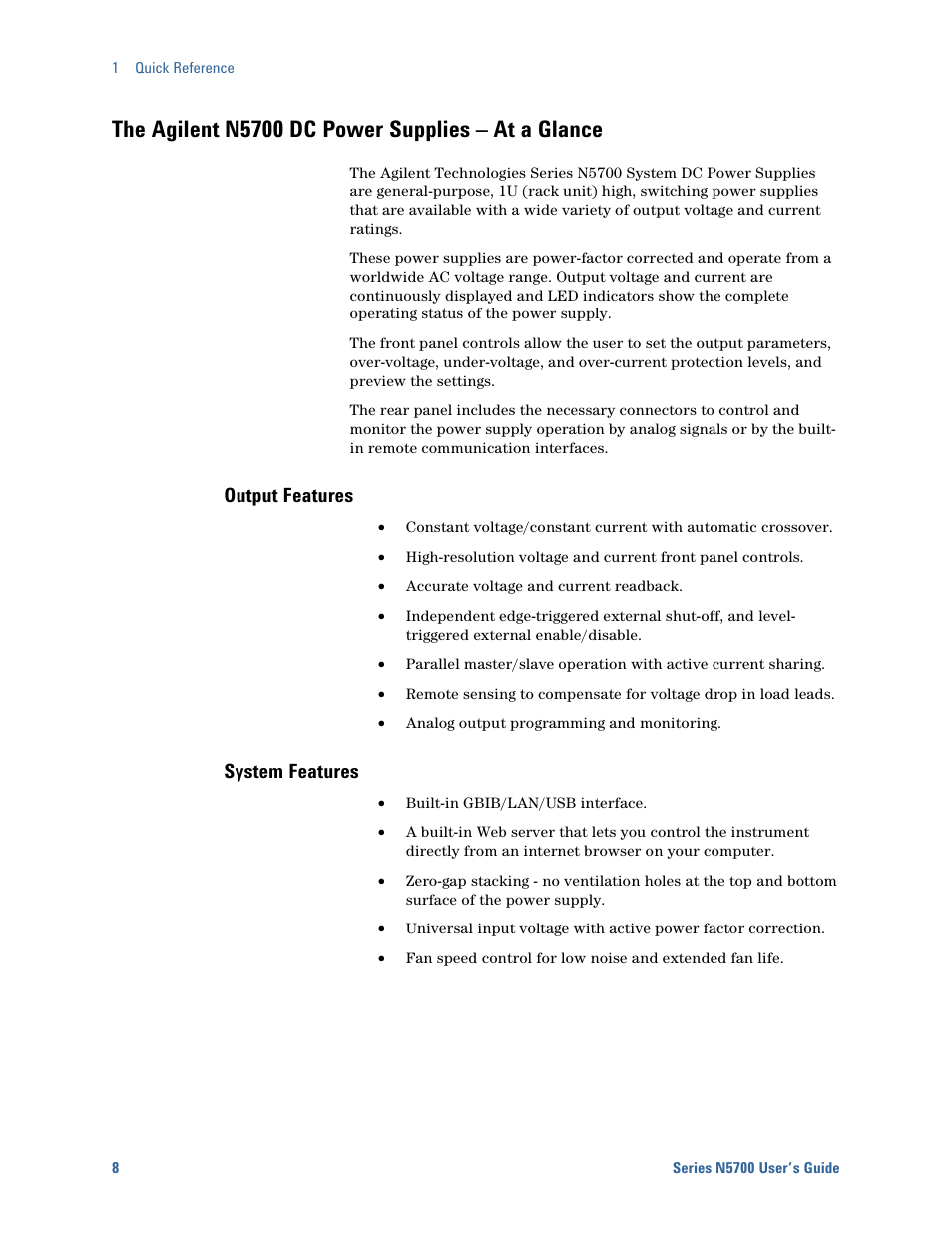 The agilent n5700 dc power supplies – at a glance, Output features, System features | Agilent Technologies System DC N5700 User Manual | Page 8 / 132