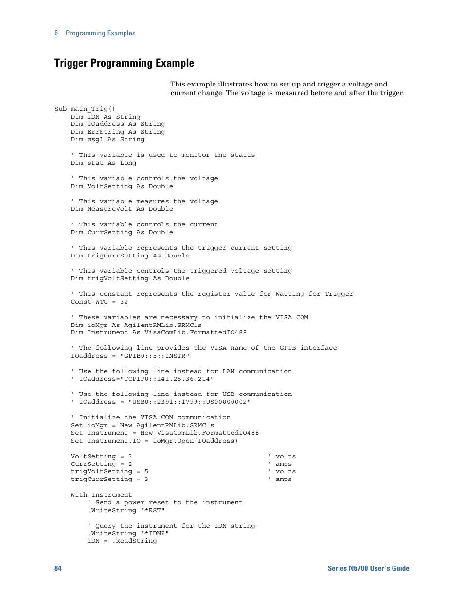 Trigger programming example | Agilent Technologies System DC N5700 User Manual | Page 84 / 132