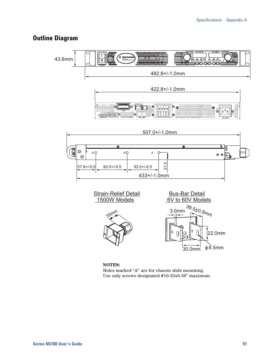 Outline diagram, Bus-bar detail 6v to 60v models, Strain-relief detail 1500w models | 8+/-1.0mm, 35m m | Agilent Technologies System DC N5700 User Manual | Page 91 / 132