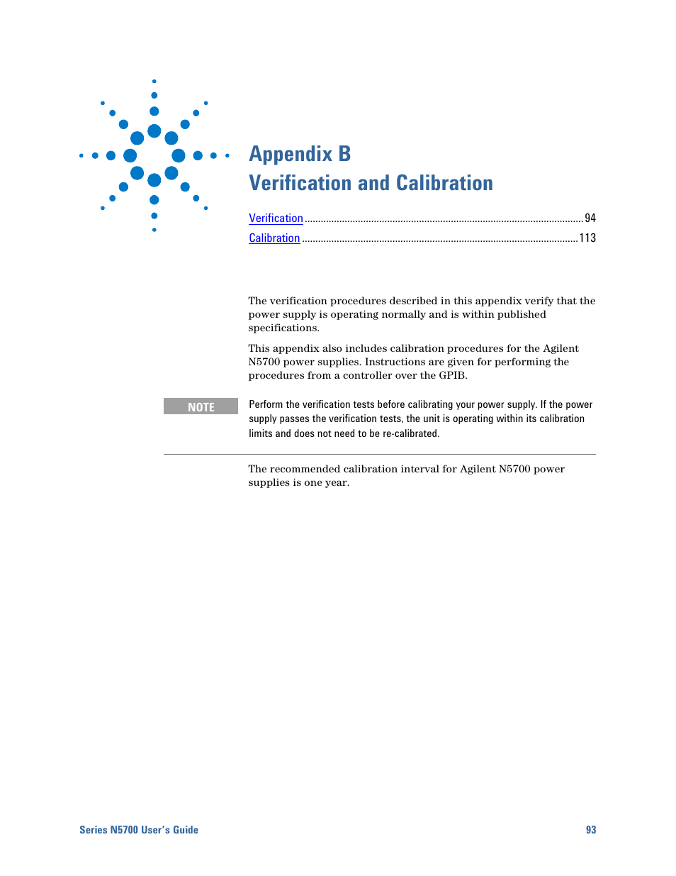 B - verification and calibration, Appendix b verification and calibration | Agilent Technologies System DC N5700 User Manual | Page 93 / 132