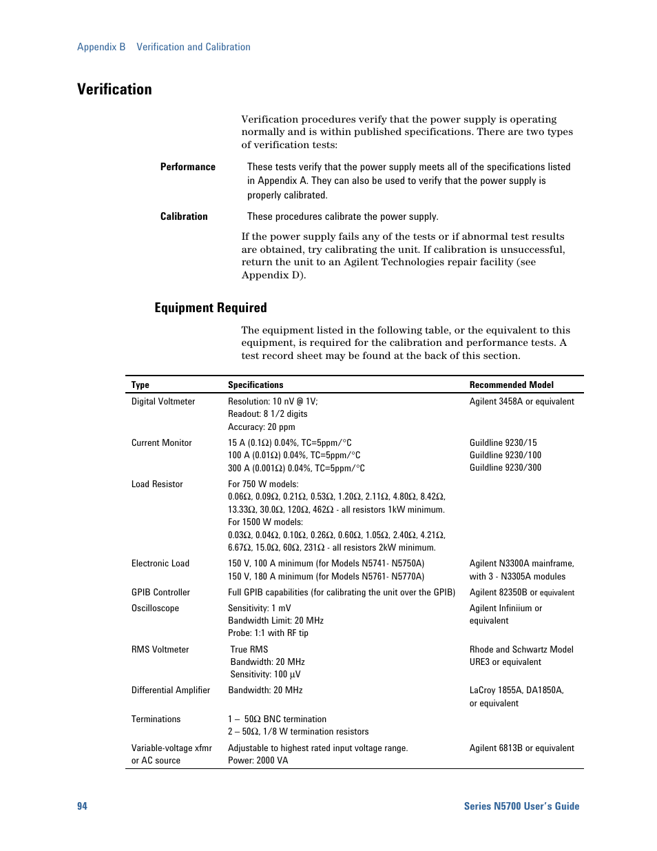 Verification, Equipment required | Agilent Technologies System DC N5700 User Manual | Page 94 / 132