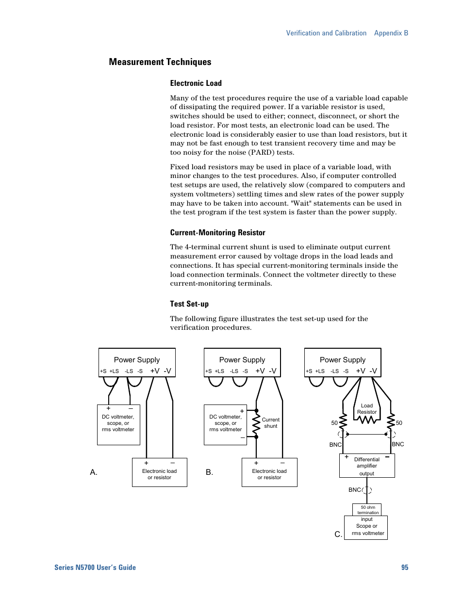 Measurement techniques, Electronic load, Current-monitoring resistor | Test set-up | Agilent Technologies System DC N5700 User Manual | Page 95 / 132