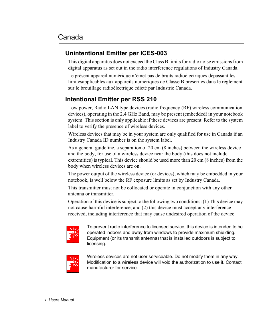 Canada, Unintentional emitter per ices-003, Intentional emitter per rss 210 | Samsung NV30CH0Q0B User Manual | Page 10 / 119