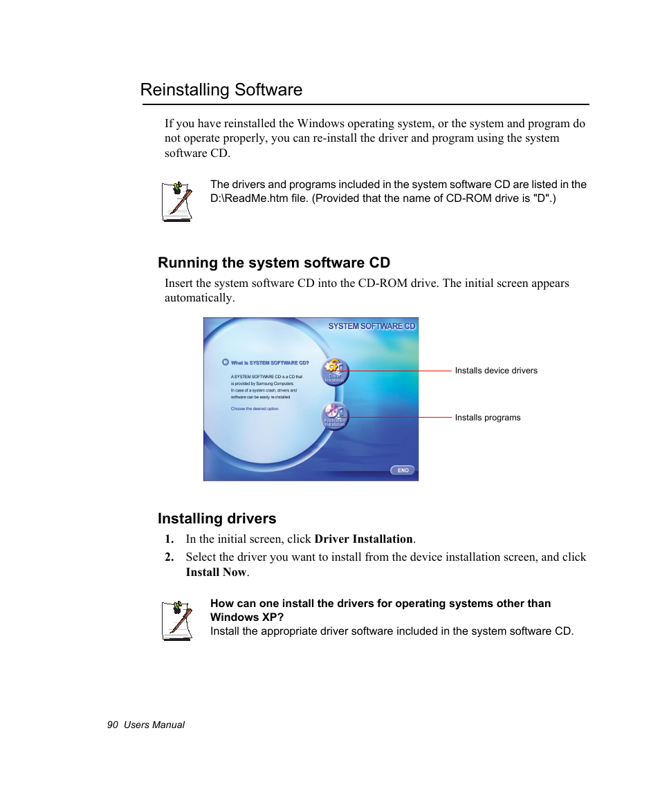 Reinstalling software, Running the system software cd, Installing drivers | Samsung NV30CH0Q0B User Manual | Page 103 / 119