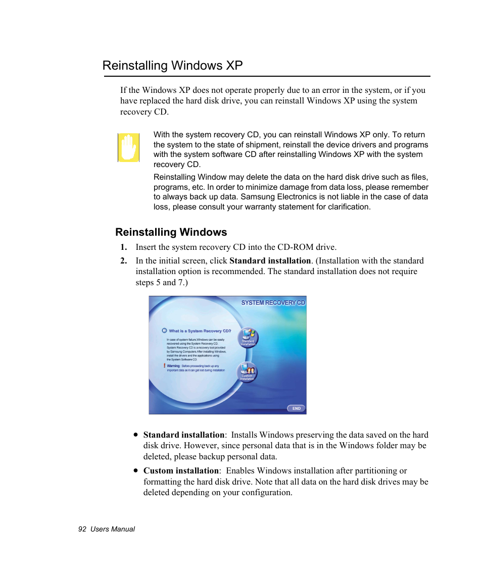 Reinstalling windows xp, Reinstalling windows | Samsung NV30CH0Q0B User Manual | Page 105 / 119