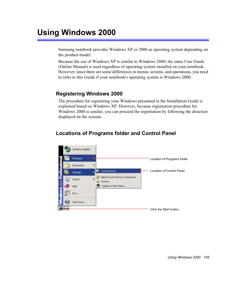 Using windows 2000, Registering windows 2000, Locations of programs folder and control panel | Samsung NV30CH0Q0B User Manual | Page 118 / 119