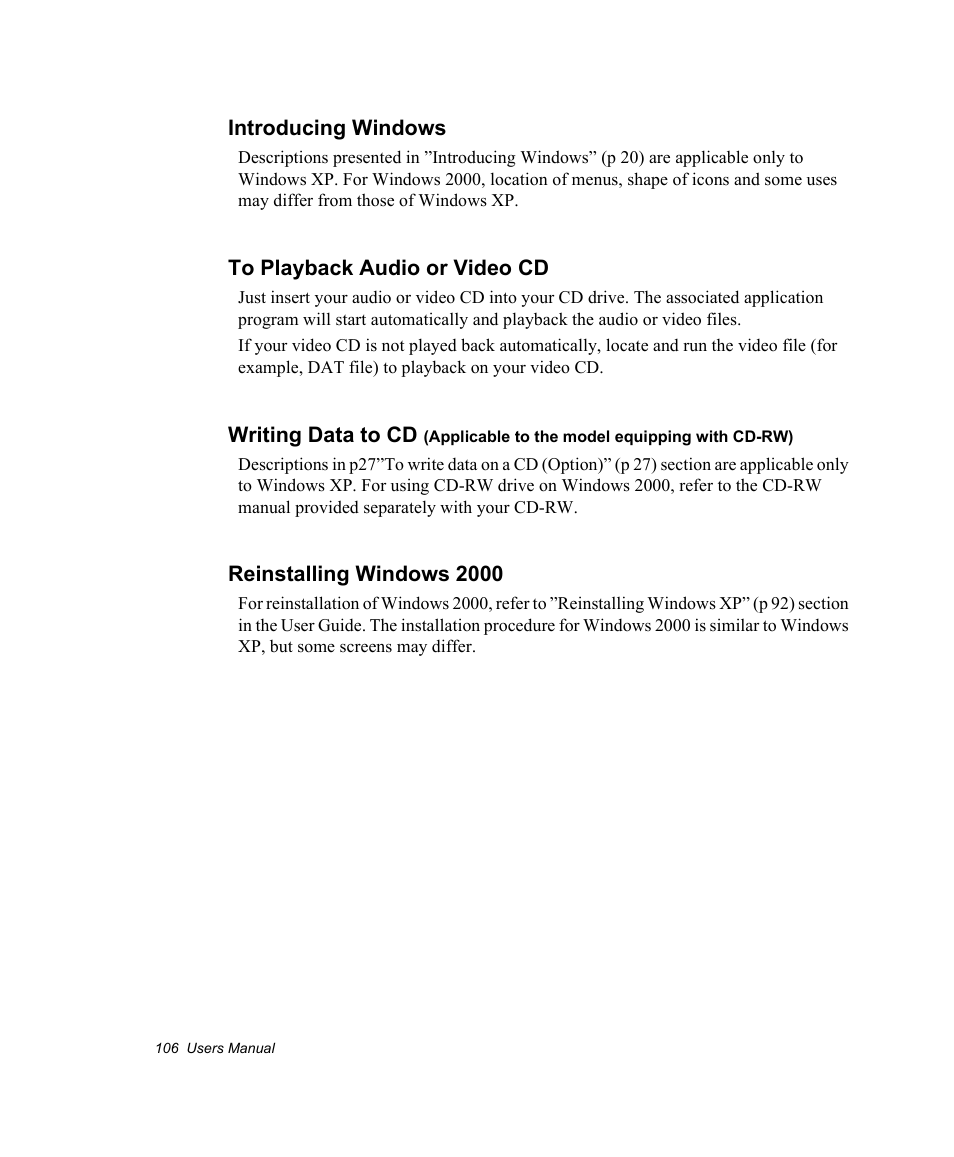 Introducing windows, To playback audio or video cd, Reinstalling windows 2000 | Samsung NV30CH0Q0B User Manual | Page 119 / 119