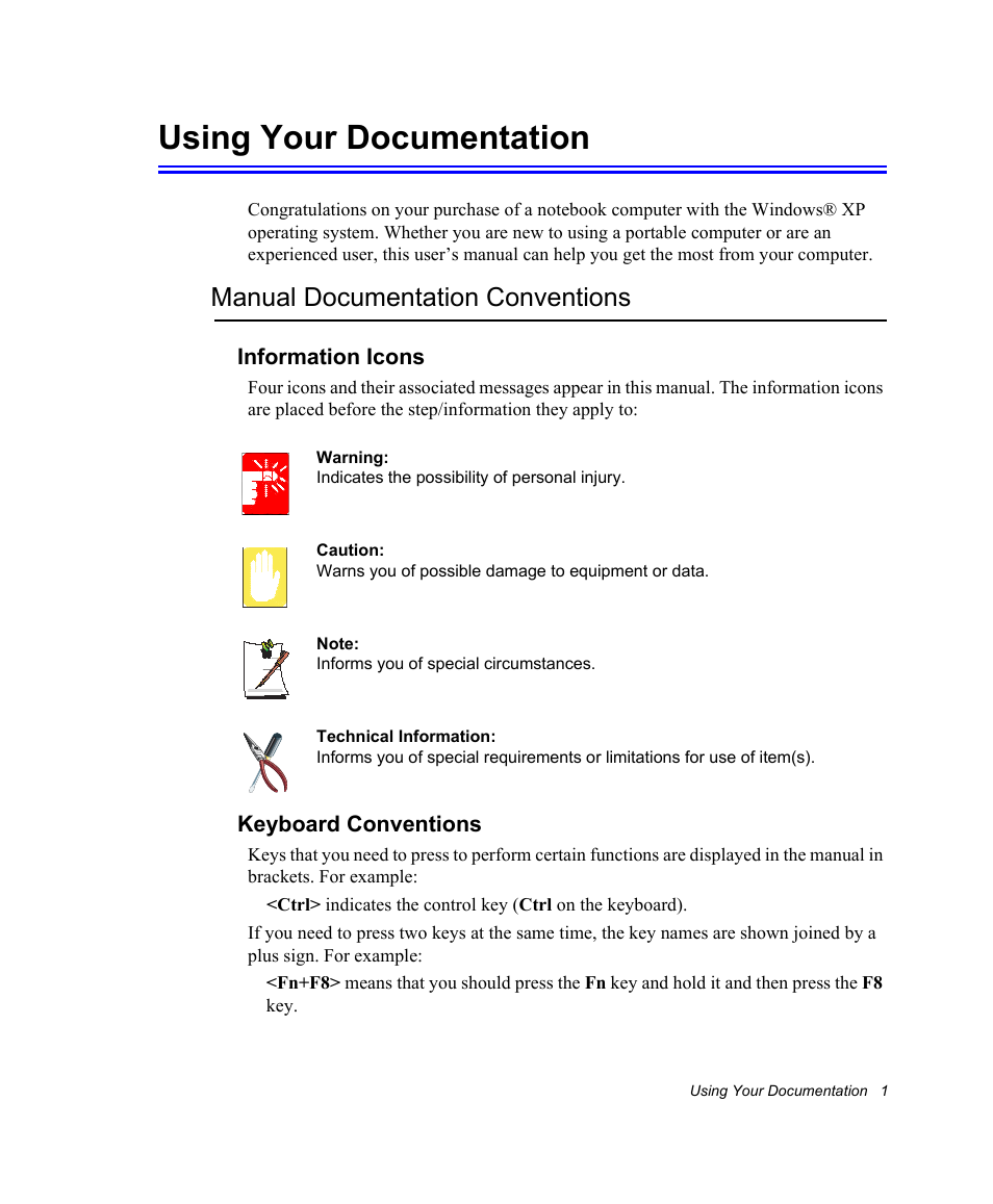 Using your documentation, Manual documentation conventions, Information icons | Keyboard conventions | Samsung NV30CH0Q0B User Manual | Page 14 / 119