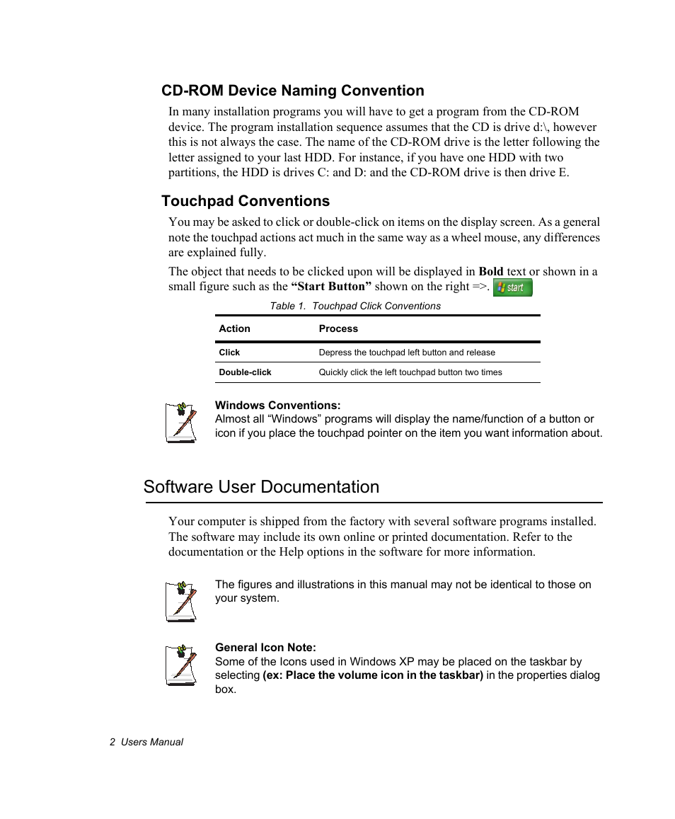 Cd-rom device naming convention, Touchpad conventions, Software user documentation | Samsung NV30CH0Q0B User Manual | Page 15 / 119