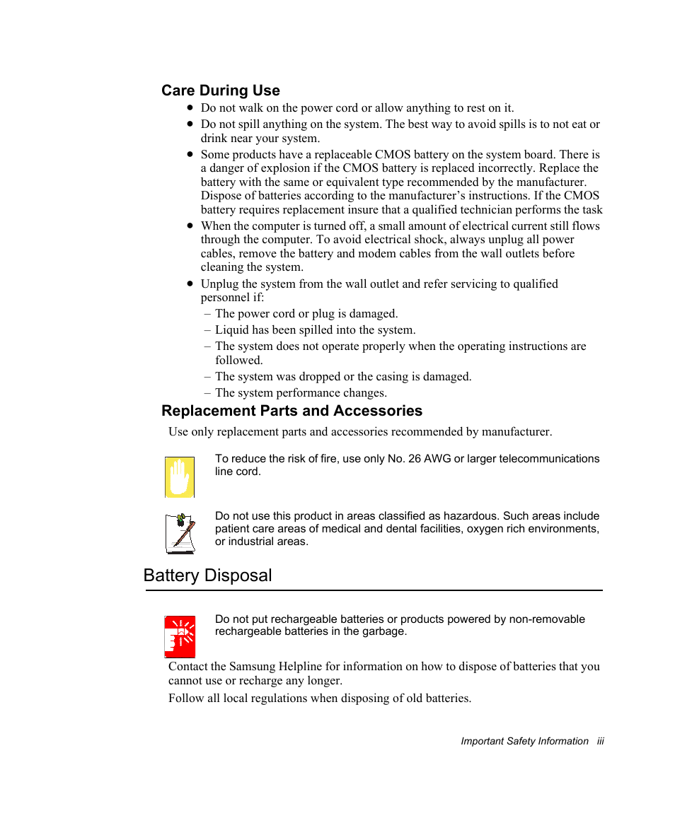 Care during use, Replacement parts and accessories, Battery disposal | Samsung NV30CH0Q0B User Manual | Page 3 / 119