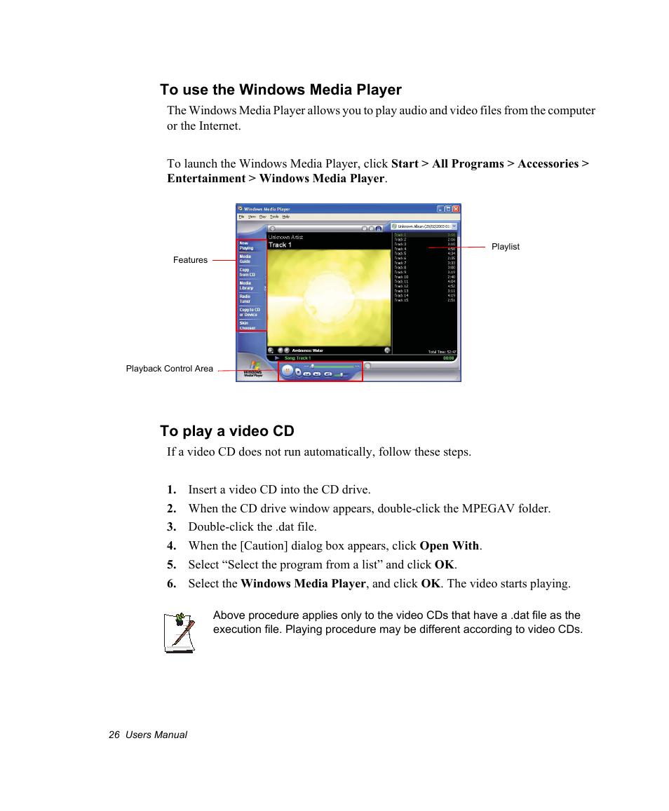 To use the windows media player, To play a video cd | Samsung NV30CH0Q0B User Manual | Page 39 / 119