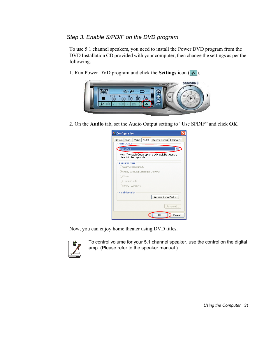 Step 3. enable s/pdif on the dvd program | Samsung NV30CH0Q0B User Manual | Page 44 / 119