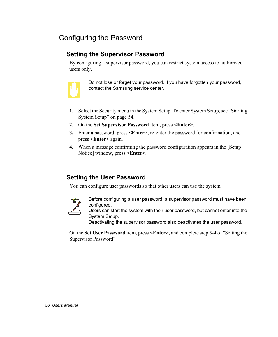 Configuring the password, Setting the supervisor password, Setting the user password | Samsung NV30CH0Q0B User Manual | Page 69 / 119