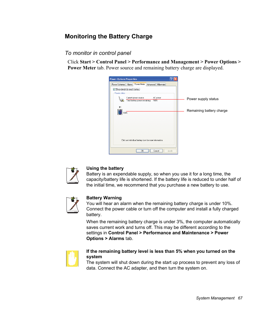 Monitoring the battery charge | Samsung NV30CH0Q0B User Manual | Page 80 / 119