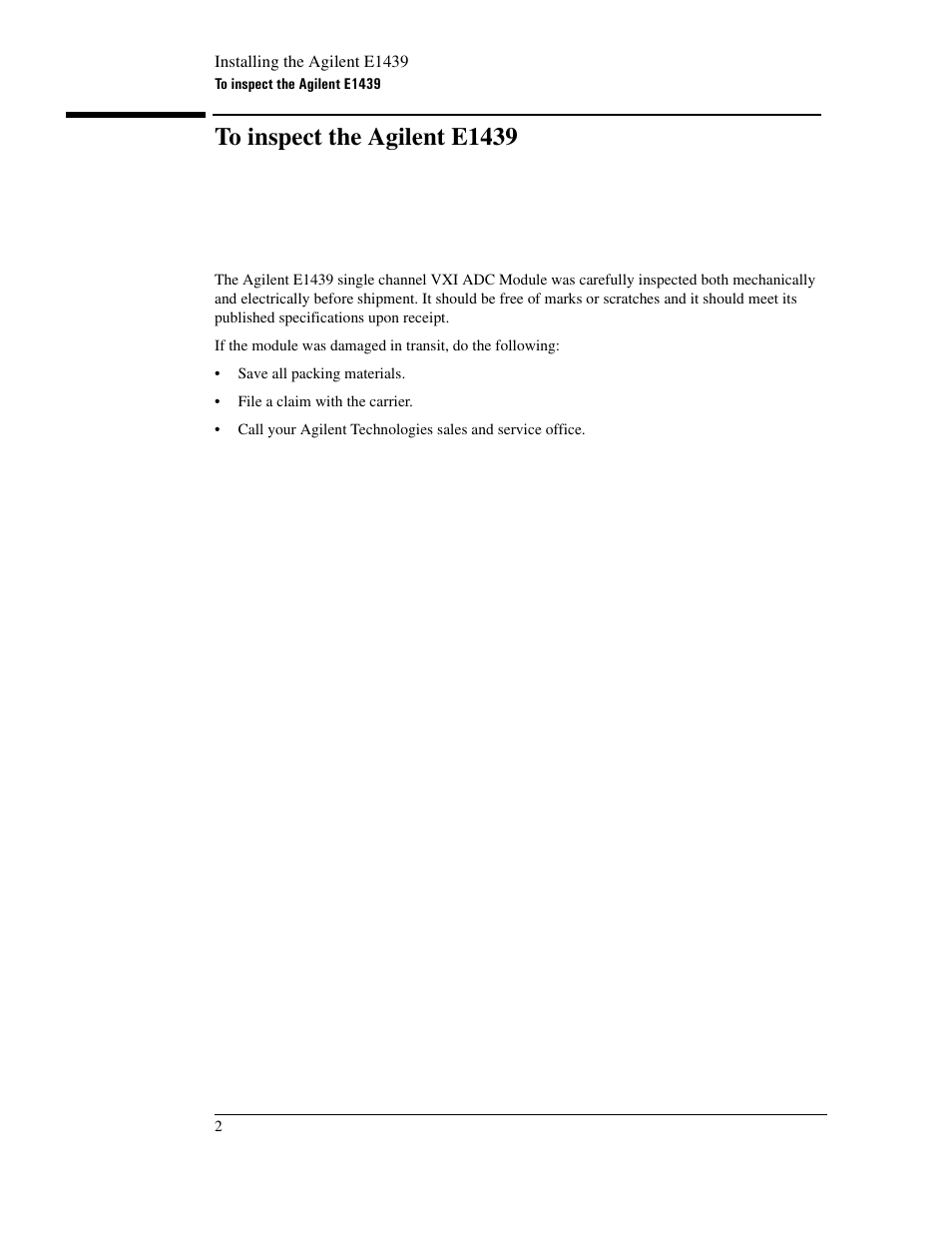 To inspect the agilente1439, To inspect the agilent e1439 | Agilent Technologies VXI E1439 User Manual | Page 12 / 246