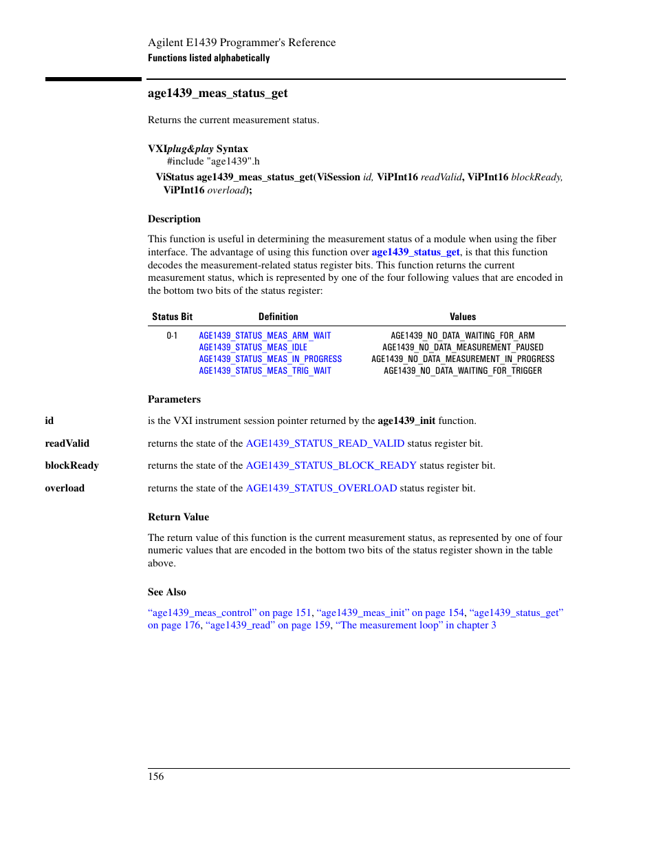 Age1439_meas_status_get | Agilent Technologies VXI E1439 User Manual | Page 166 / 246