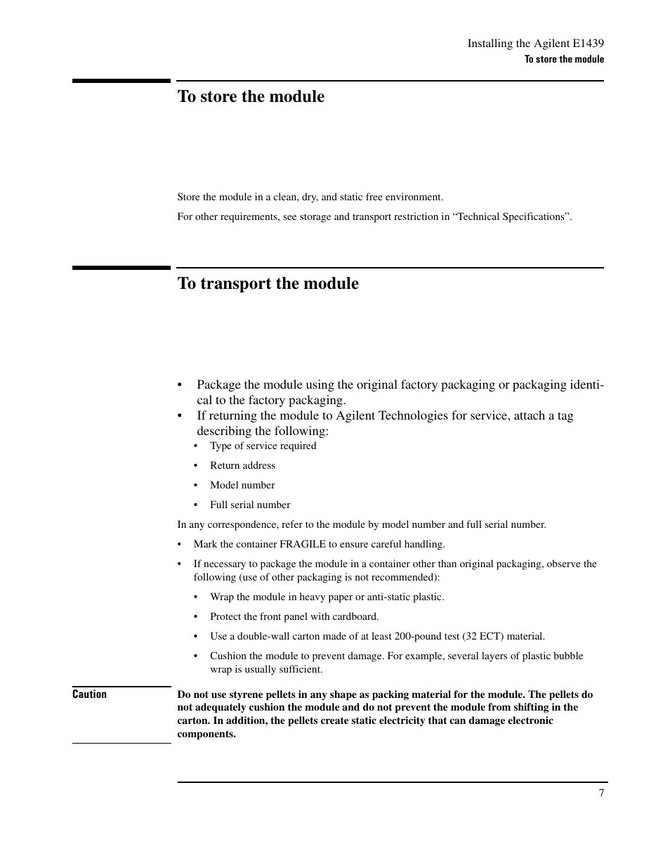 To store the module, To transport the module, To store the module to transport the module | Agilent Technologies VXI E1439 User Manual | Page 17 / 246