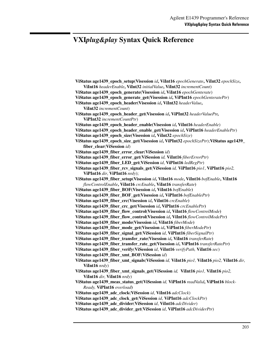 Vxiplug&play syntax quick reference, Vxi plug&play syntax quick reference | Agilent Technologies VXI E1439 User Manual | Page 213 / 246