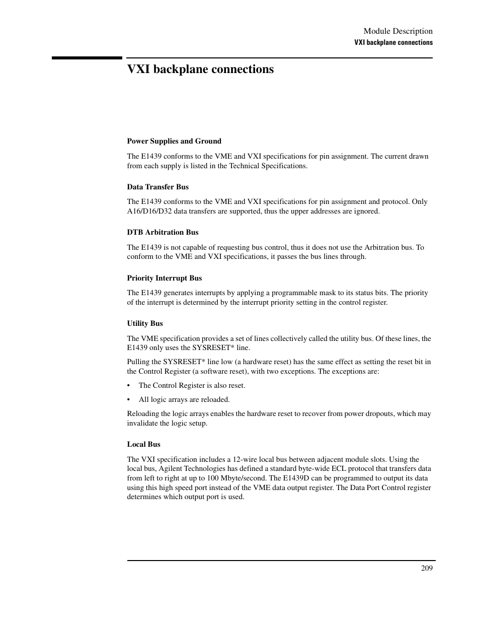 Vxi backplane connections | Agilent Technologies VXI E1439 User Manual | Page 219 / 246
