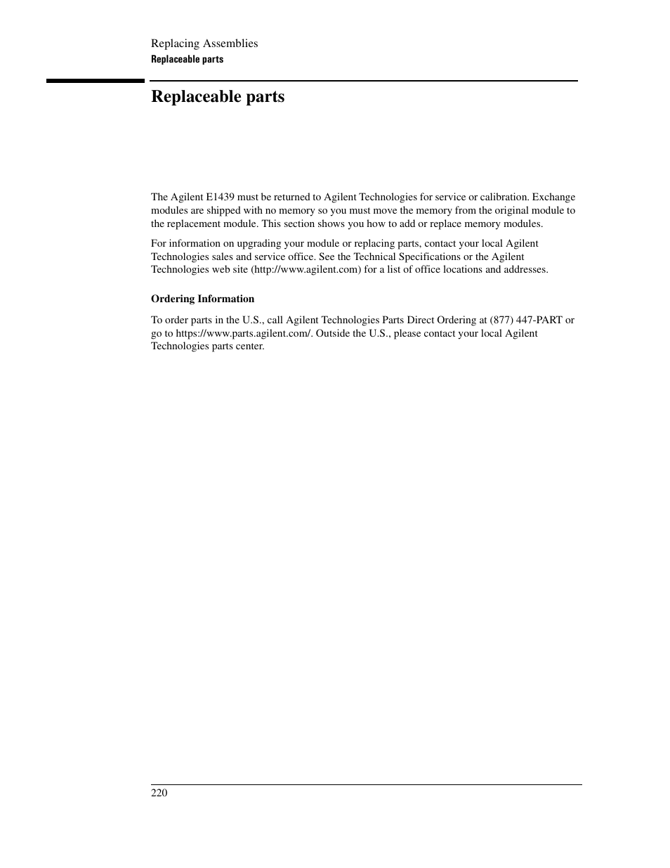 Replaceable parts | Agilent Technologies VXI E1439 User Manual | Page 230 / 246