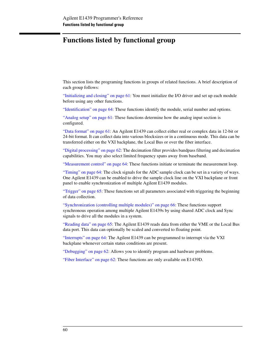 Functions listed by functional group | Agilent Technologies VXI E1439 User Manual | Page 70 / 246