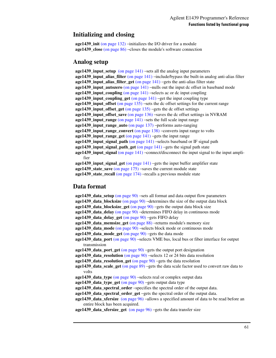 Initializing and closing, Analog setup, Data format | Agilent Technologies VXI E1439 User Manual | Page 71 / 246