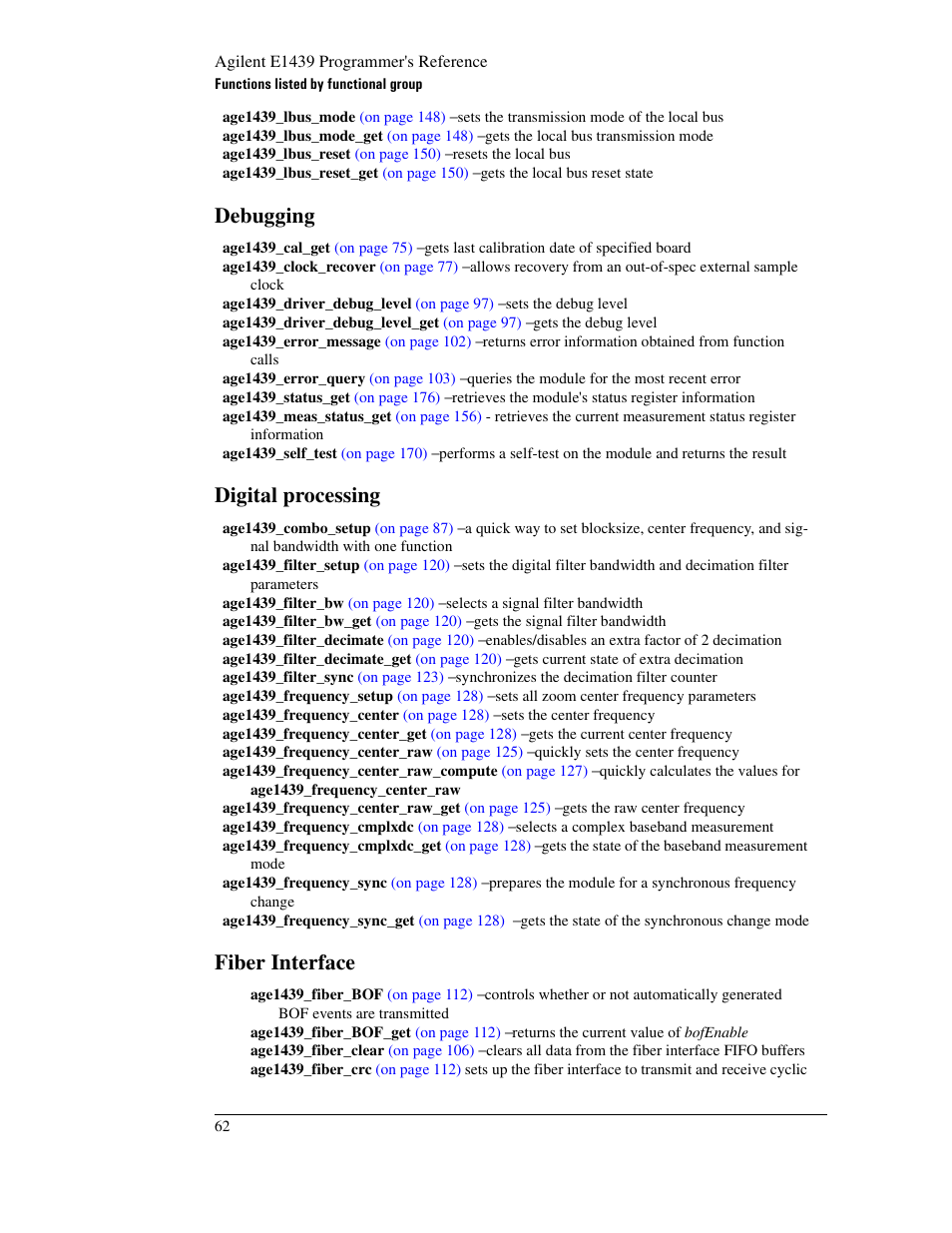 Debugging, Digital processing, Fiber interface | Agilent Technologies VXI E1439 User Manual | Page 72 / 246