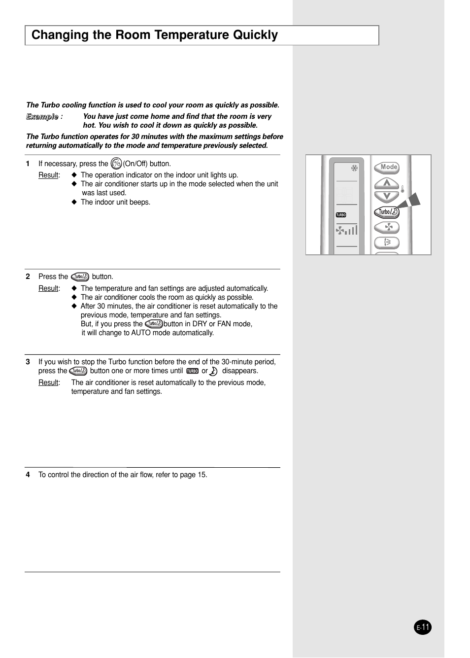 Changing the room temperature quickly | Samsung SC05ZZ8 User Manual | Page 11 / 24