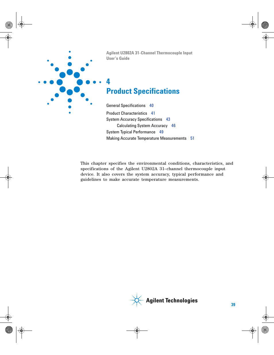 4 product specifications, Product specifications, Agilent technologies | Agilent Technologies U2802A User Manual | Page 49 / 67