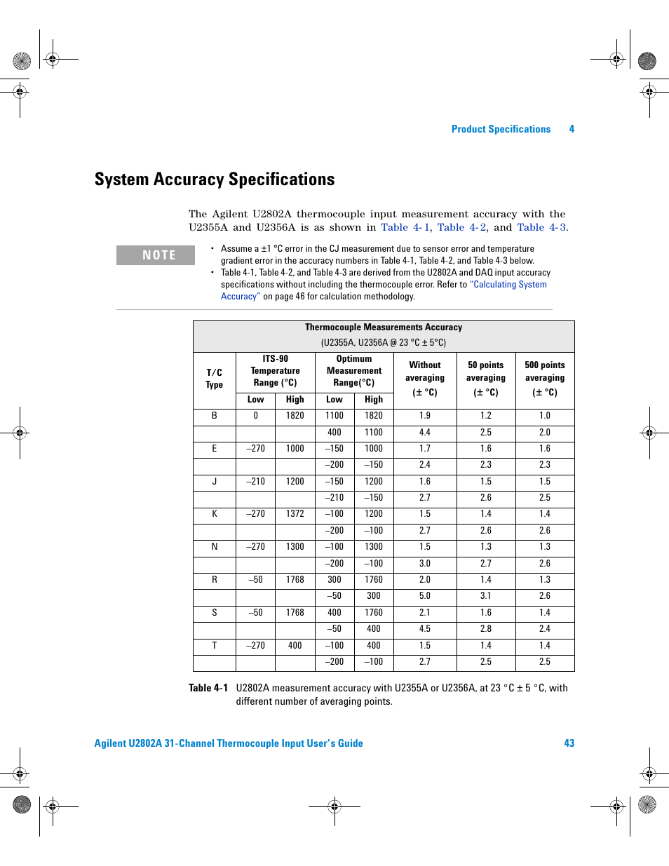 System accuracy specifications, N o t e | Agilent Technologies U2802A User Manual | Page 53 / 67