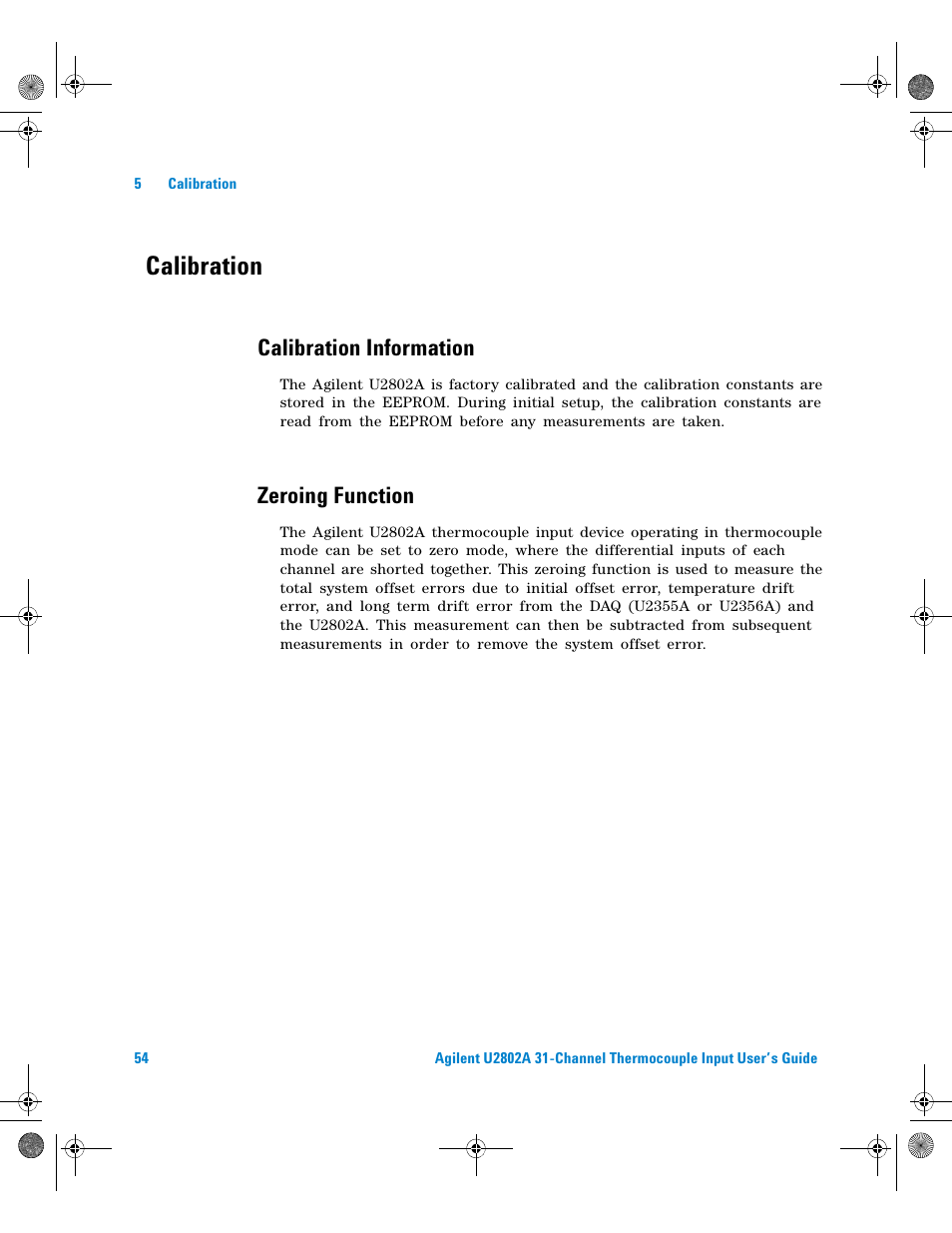 Calibration, Calibration information, Zeroing function | Agilent Technologies U2802A User Manual | Page 64 / 67