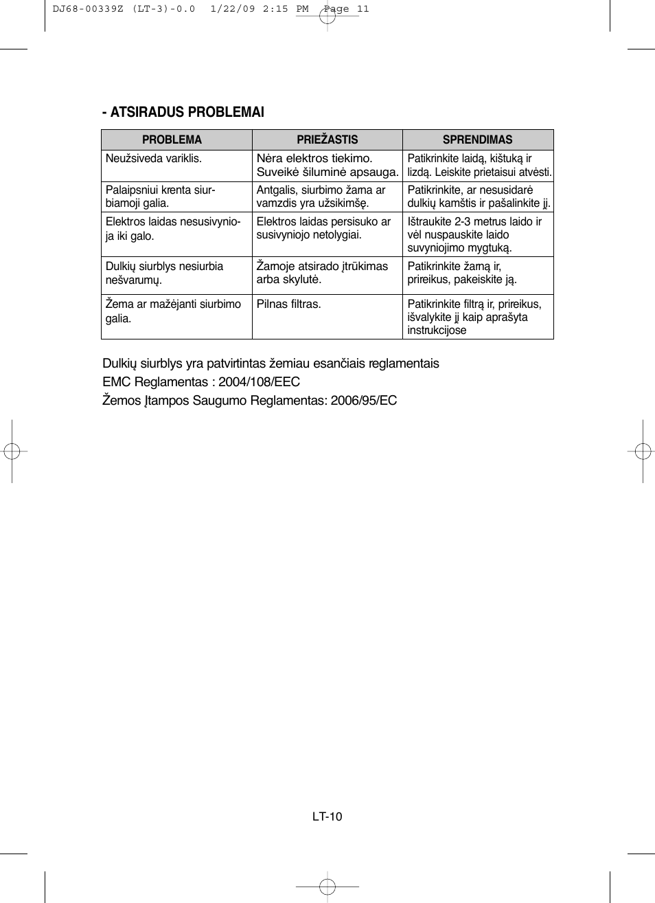 Atsiradus problemai | Samsung SC6540 User Manual | Page 33 / 56