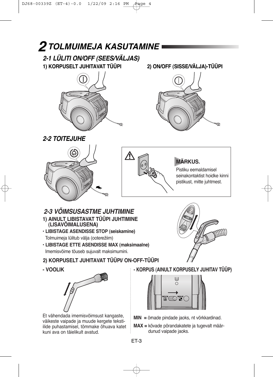 Tolmuimeja kasutamine | Samsung SC6540 User Manual | Page 37 / 56