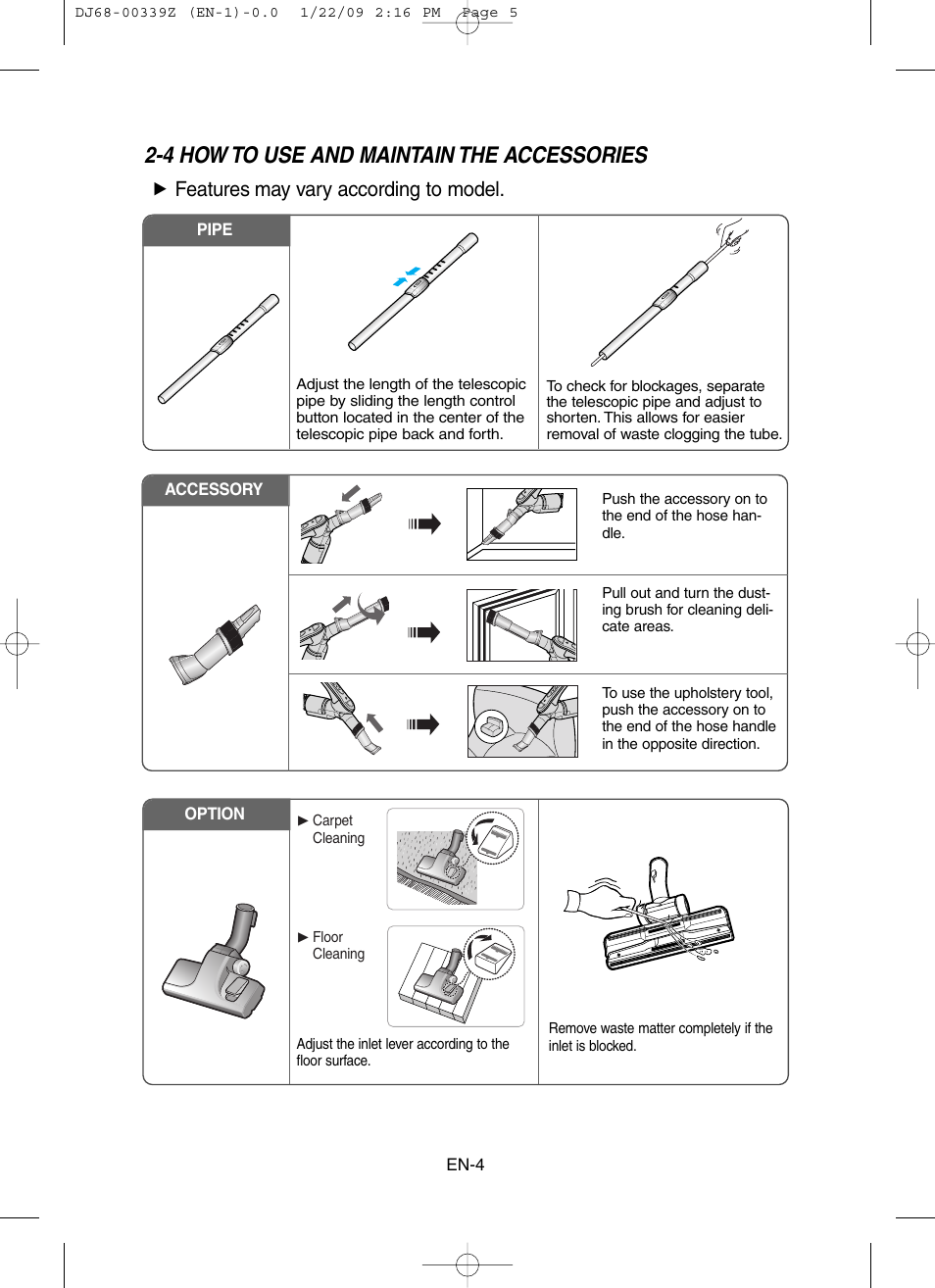 4 how to use and maintain the accessories, Features may vary according to model | Samsung SC6540 User Manual | Page 5 / 56