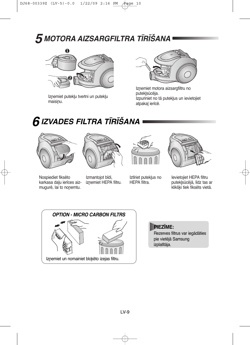 Izvades filtra t±r±šana, Motora aizsargfiltra t±r±šana | Samsung SC6540 User Manual | Page 54 / 56