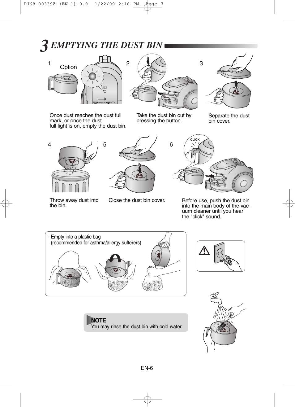 Emptying the dust bin | Samsung SC6540 User Manual | Page 7 / 56
