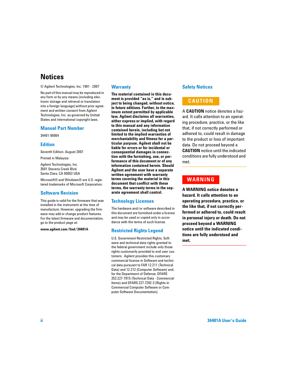 Notices, Cau t ion, Warn in g | Agilent Technologies 34401A User Manual | Page 2 / 242