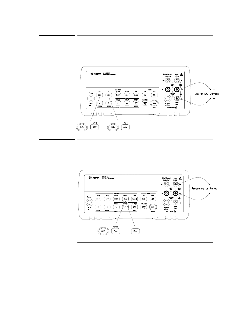 To measure current, To measure frequency (or period) | Agilent Technologies 34401A User Manual | Page 24 / 242
