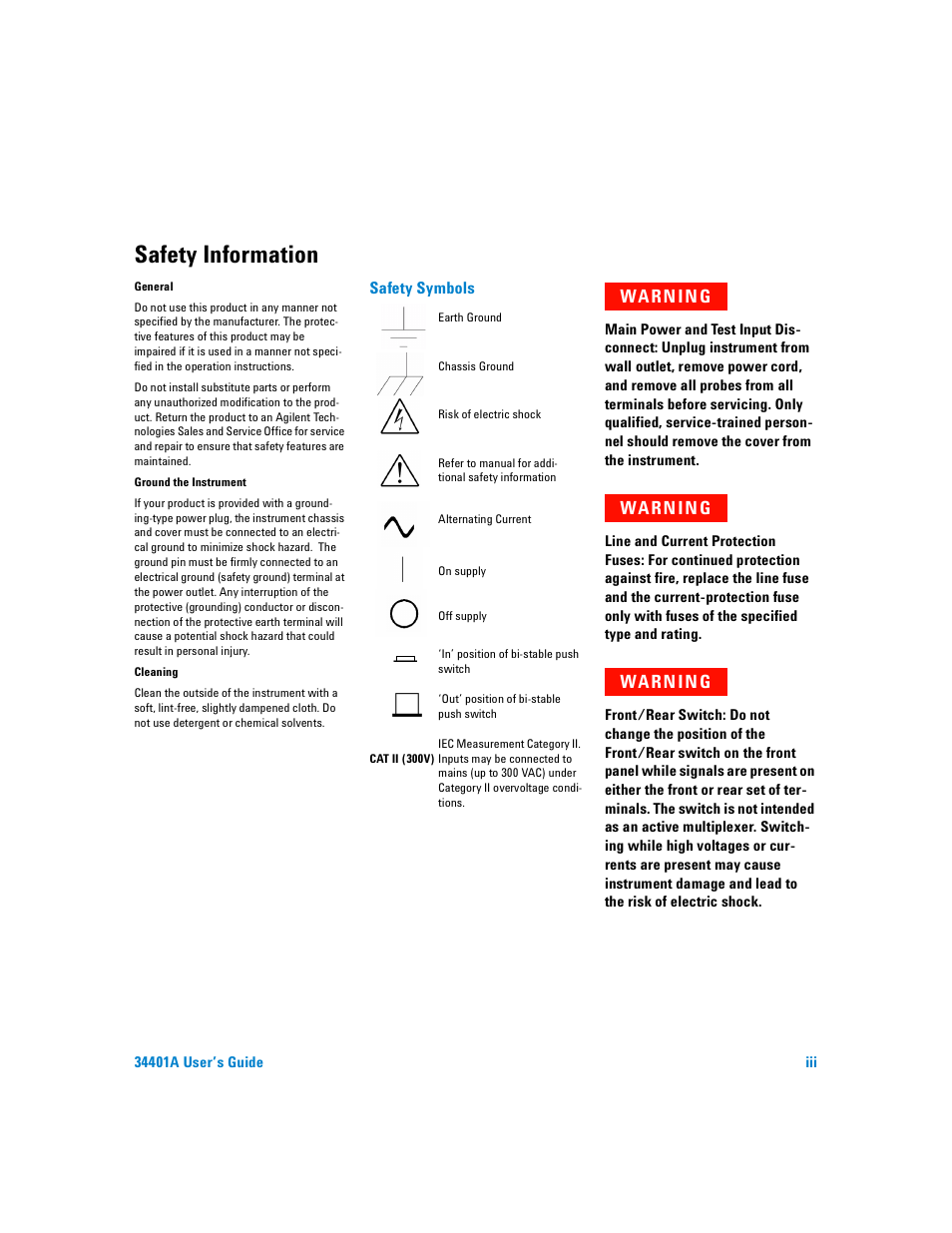 Safety information, Warn in g | Agilent Technologies 34401A User Manual | Page 3 / 242