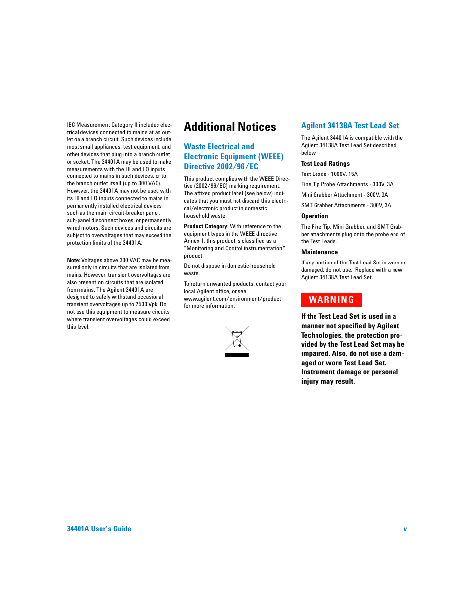 Additional notices, Warn in g | Agilent Technologies 34401A User Manual | Page 5 / 242