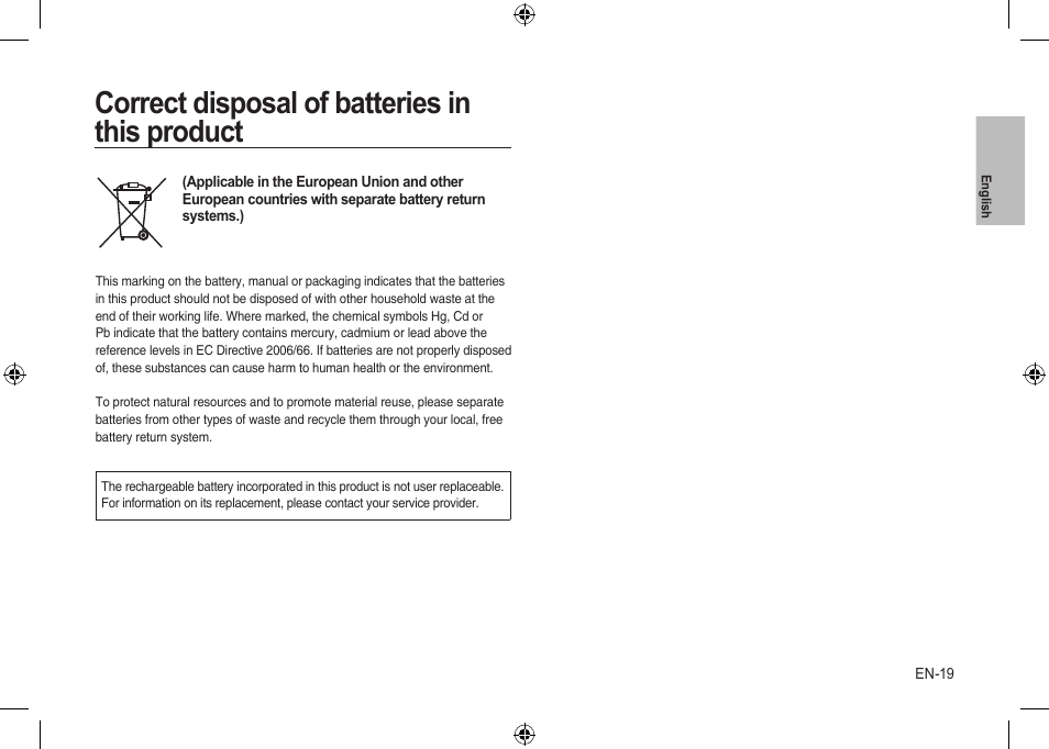 Correct disposal of batteries in this product | Samsung i8 User Manual | Page 19 / 112